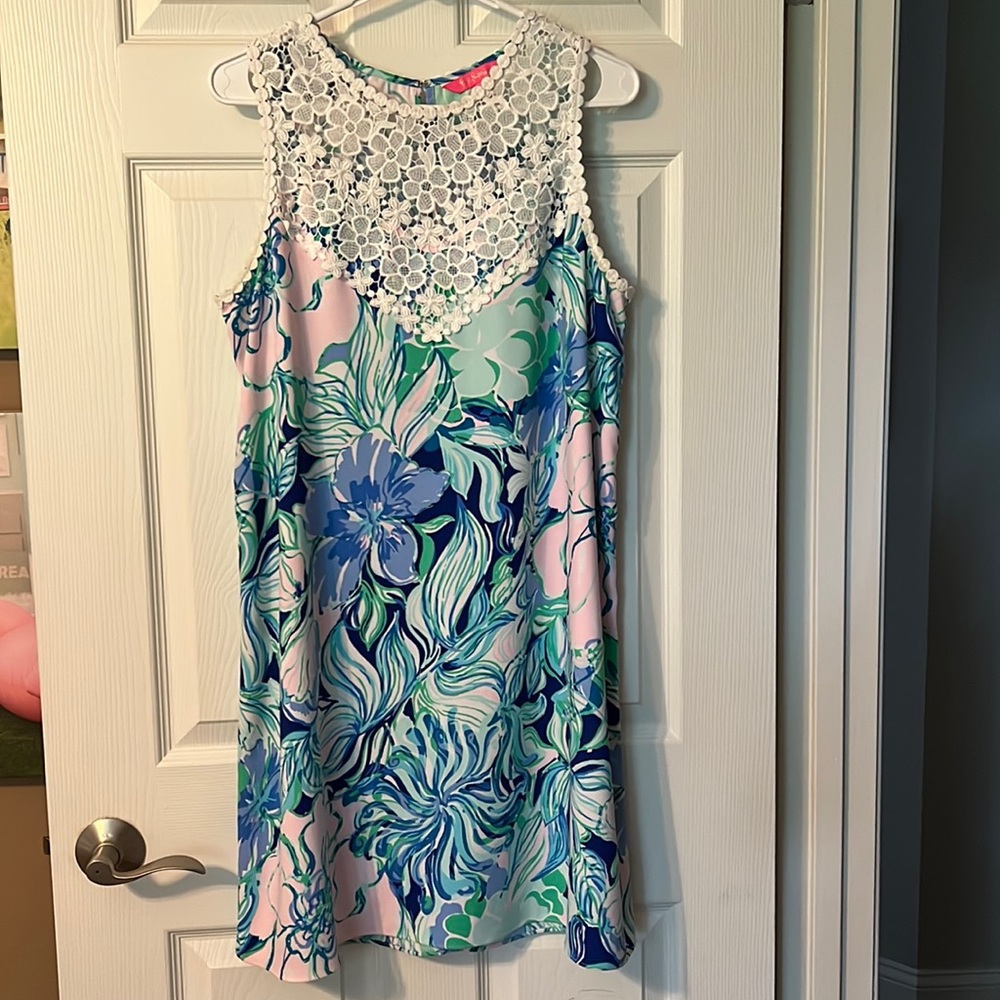 Beautiful shift dress with lace neckline. Gorgeous and perfect for a party.